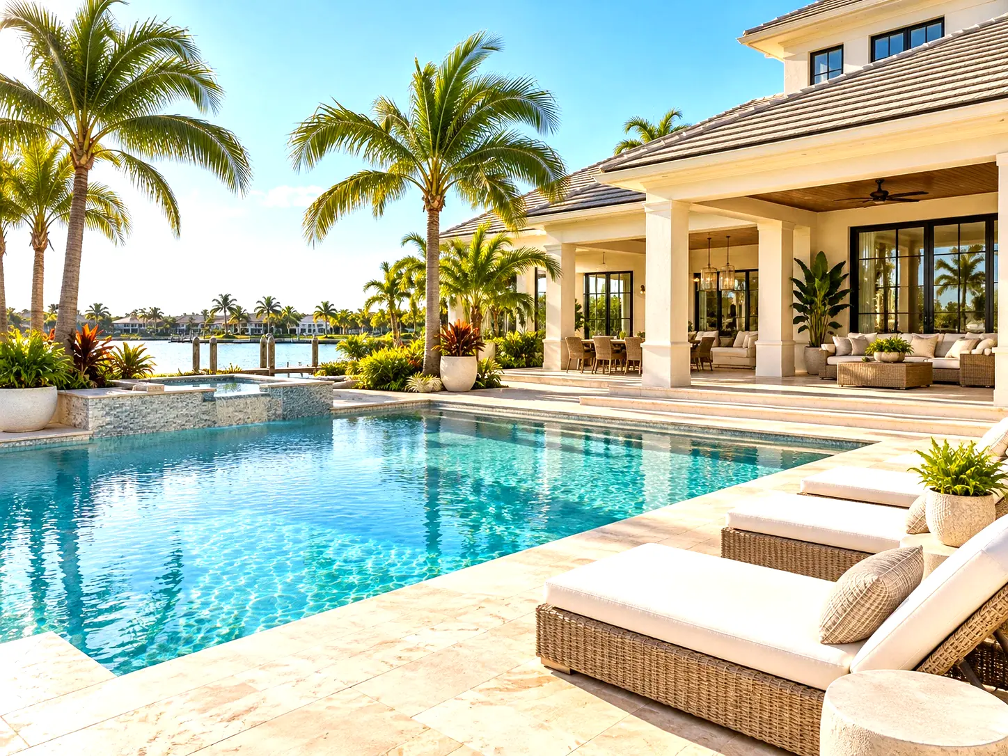 Bright Florida home with a pool, palm trees and a covered lanai