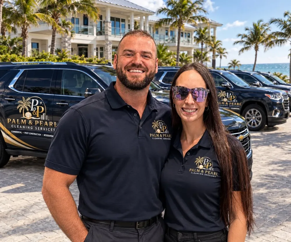 Kayla and Zachary, owners of Palm & Pearl Cleaning Services, with the company vehicles