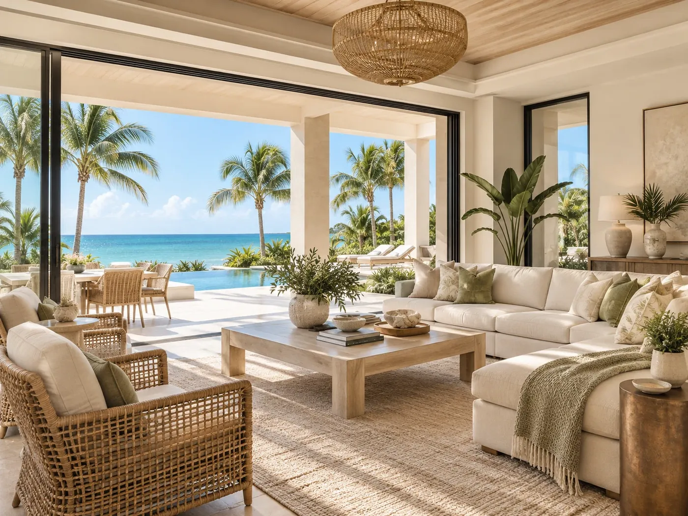 Bright coastal living room with an ocean view