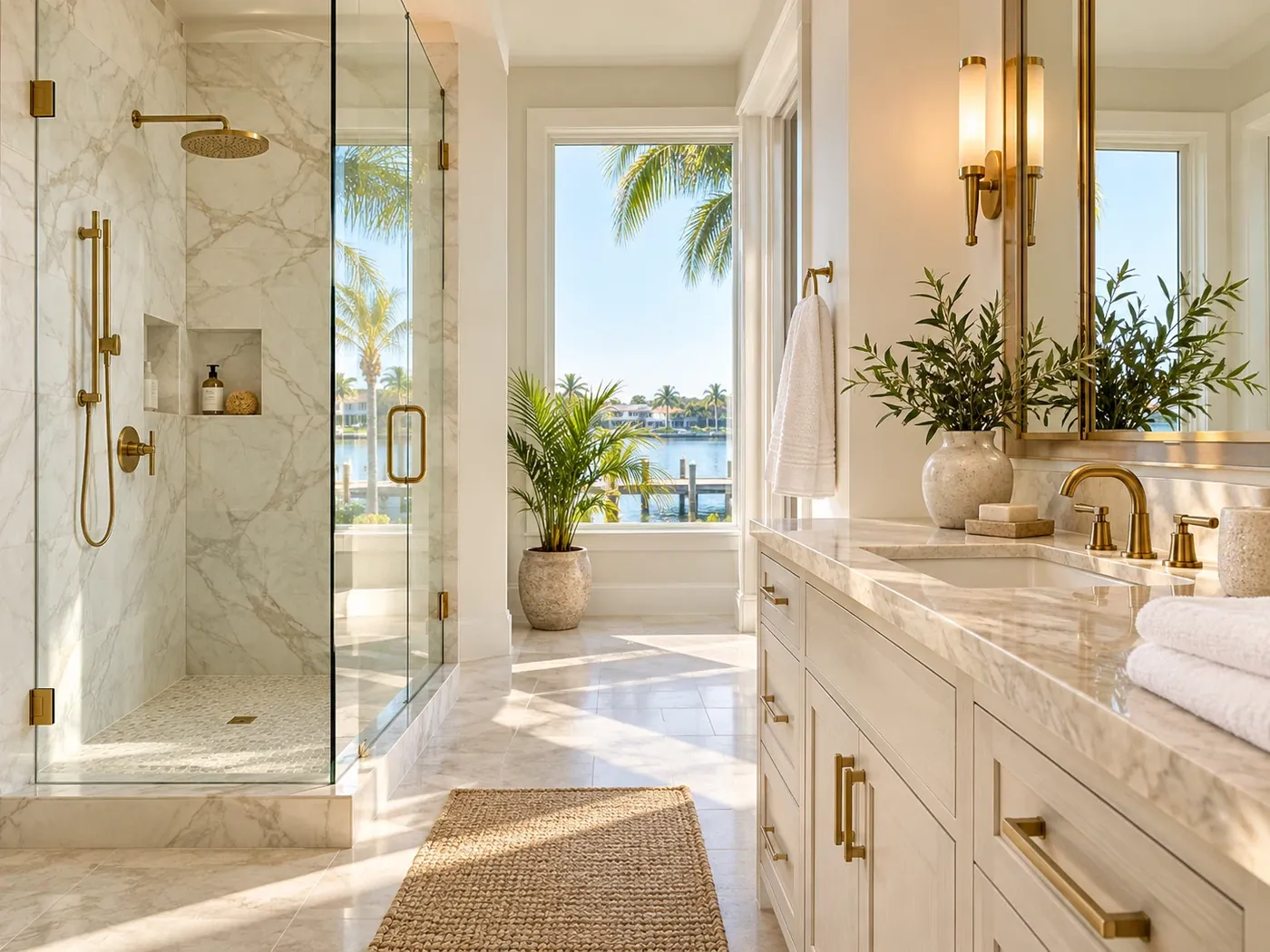 Spotless marble shower with a glass door