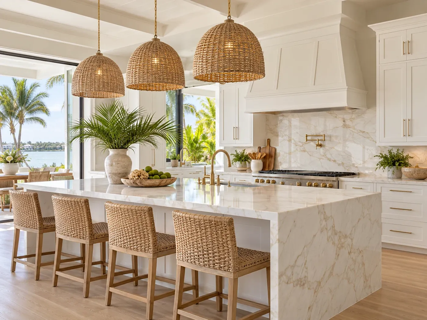 Clean kitchen island with wicker pendant lights