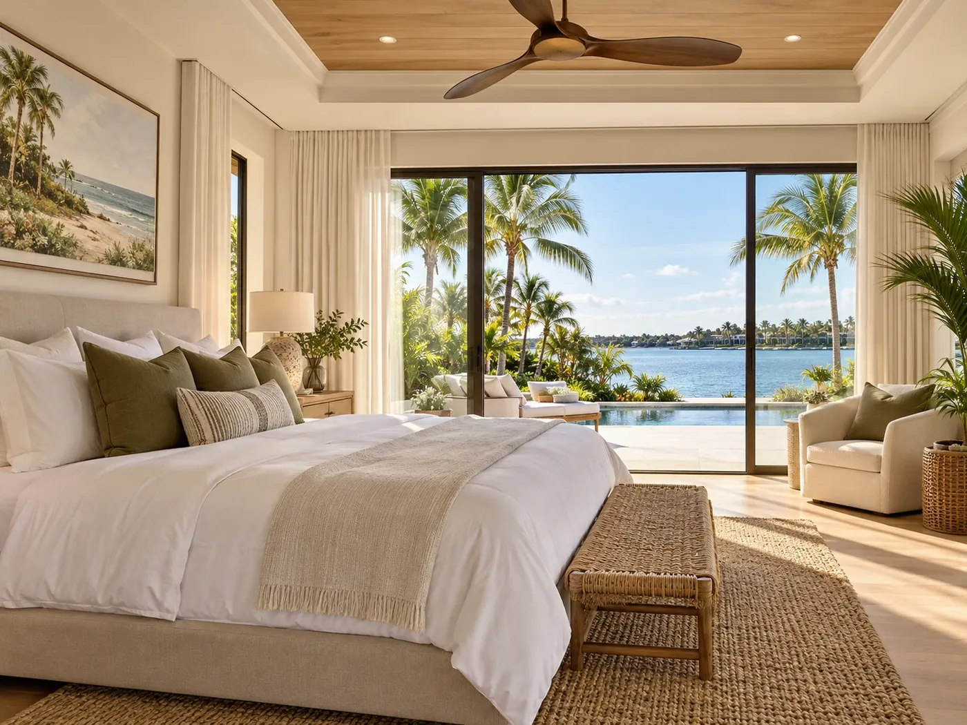Fresh bedroom with a balcony view of the water
